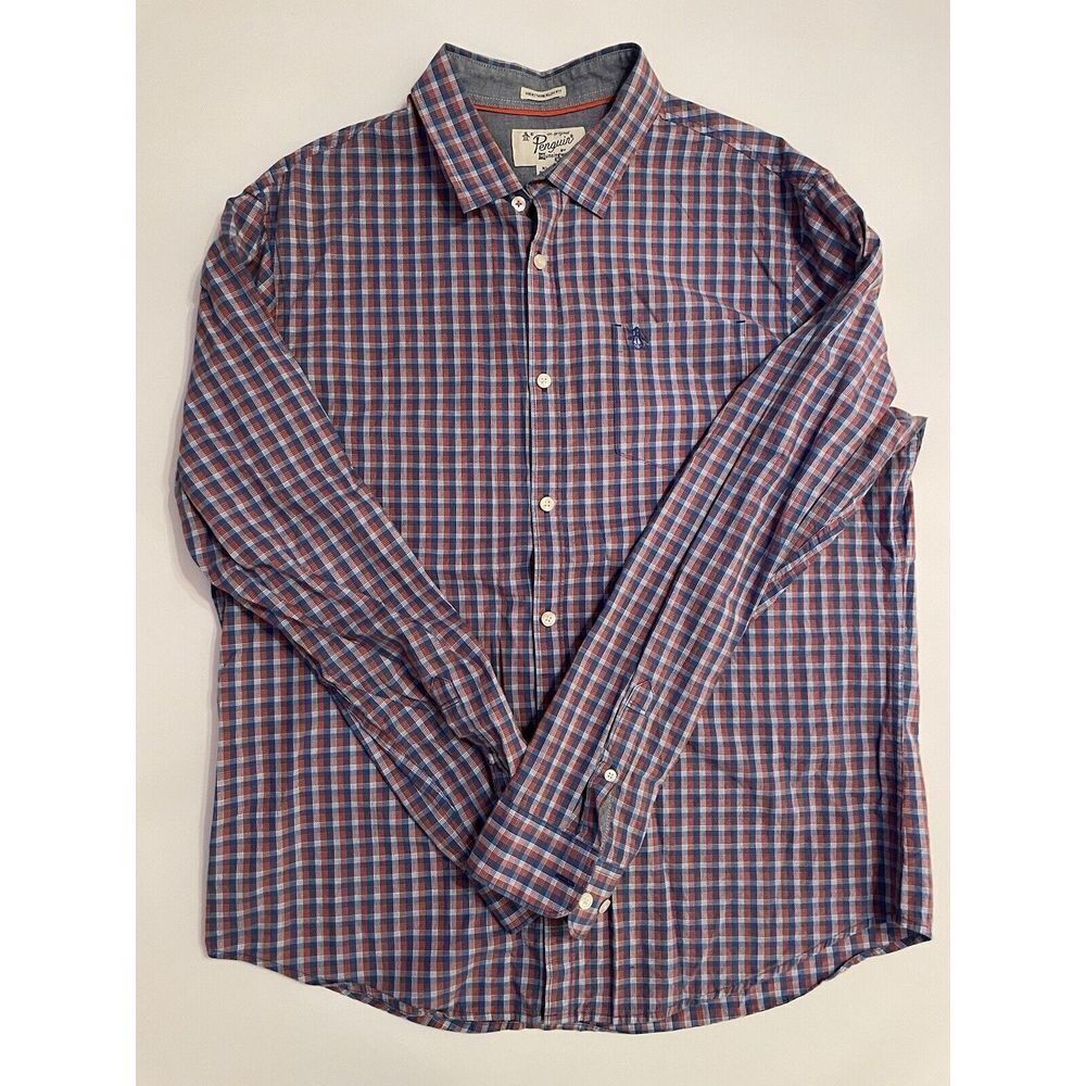 Original Penguin Mens Heritage‎ Slim Fit Plaid Button Down Shirt XL Blue Orange